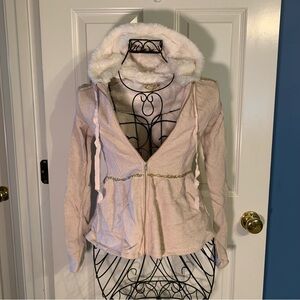 Joyfolie gold sparkle fluffy hooded pleated zipper jacket